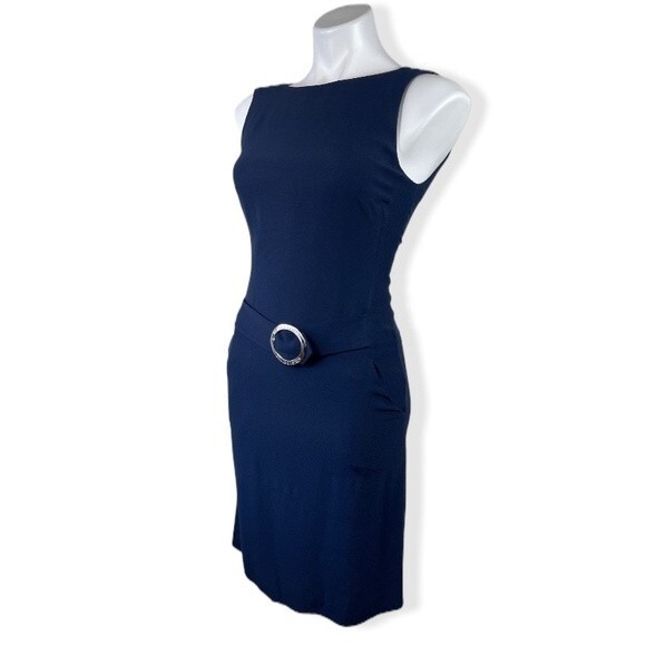 Rouge a Levres Navy Blue Office Work Career Sleeveless Sheath Dress 40 XS Belted - Picture 5 of 14